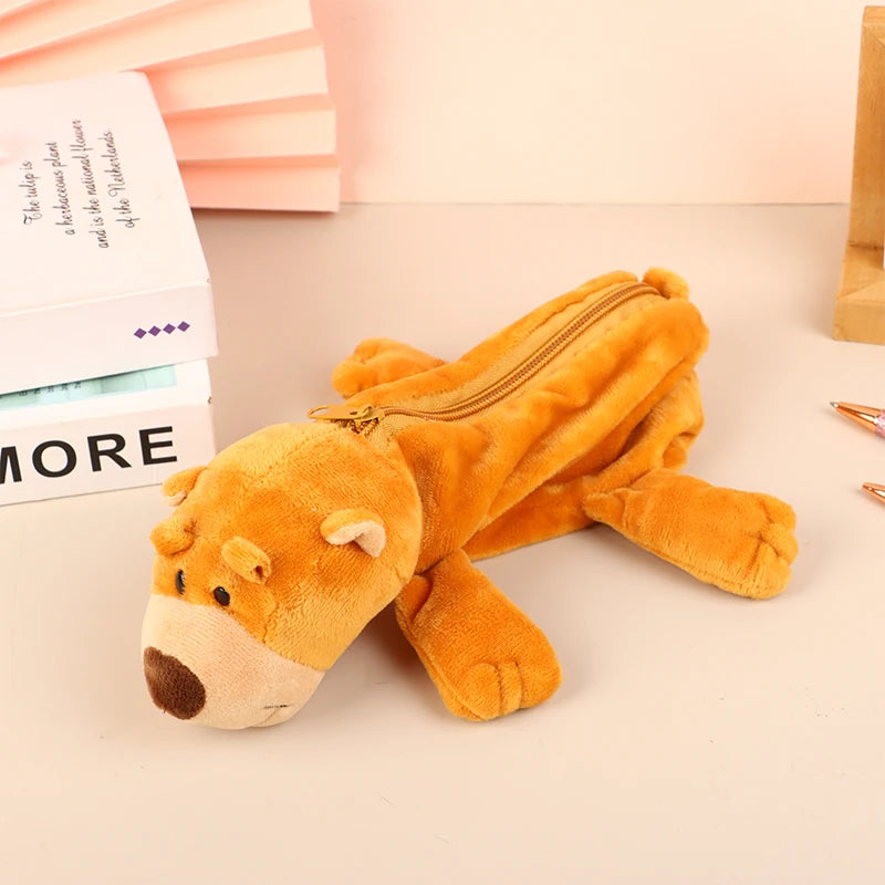 Cute Animal Plush Pencil Case – Lion Tiger Bear Pen Pouch