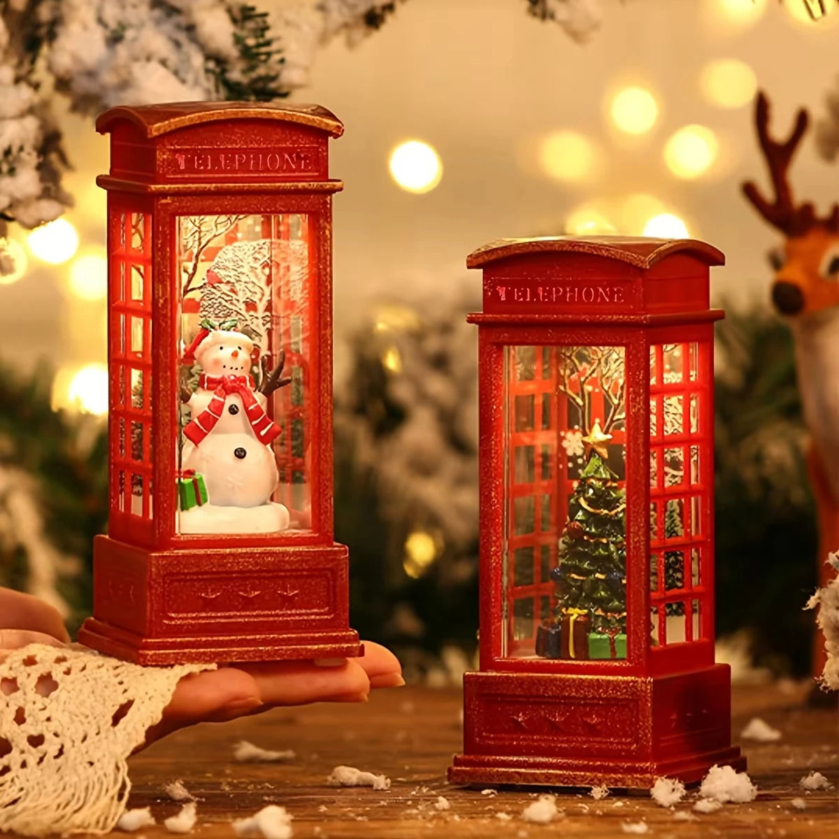 Christmas Phone Booth Decoration with Santa Claus, Snowman & Tree - Red Retro Telephone Booth Ornament With Light Home Decorator Peaceful Pleasures Health and Wellness