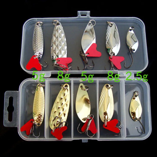 10-Piece Metal Jig Spoon Spinner Fishing Lure Set + Tackle Box Fishing Lure Set Peaceful Pleasures Health and Wellness 10pcs