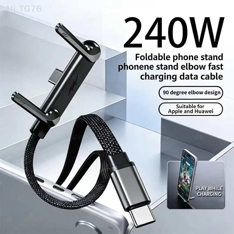 240W USB-C Fast Charging Cable with Foldable Phone Stand