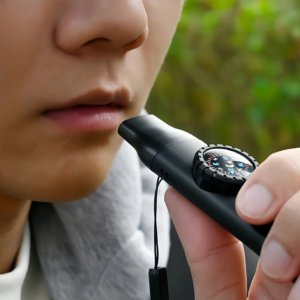 5 in 1 Emergency Safety Whistle Survival compass thermometer flashlight with Mini Compass for Outdoor Hiking Camping Peaceful Pleasures Health and Wellness