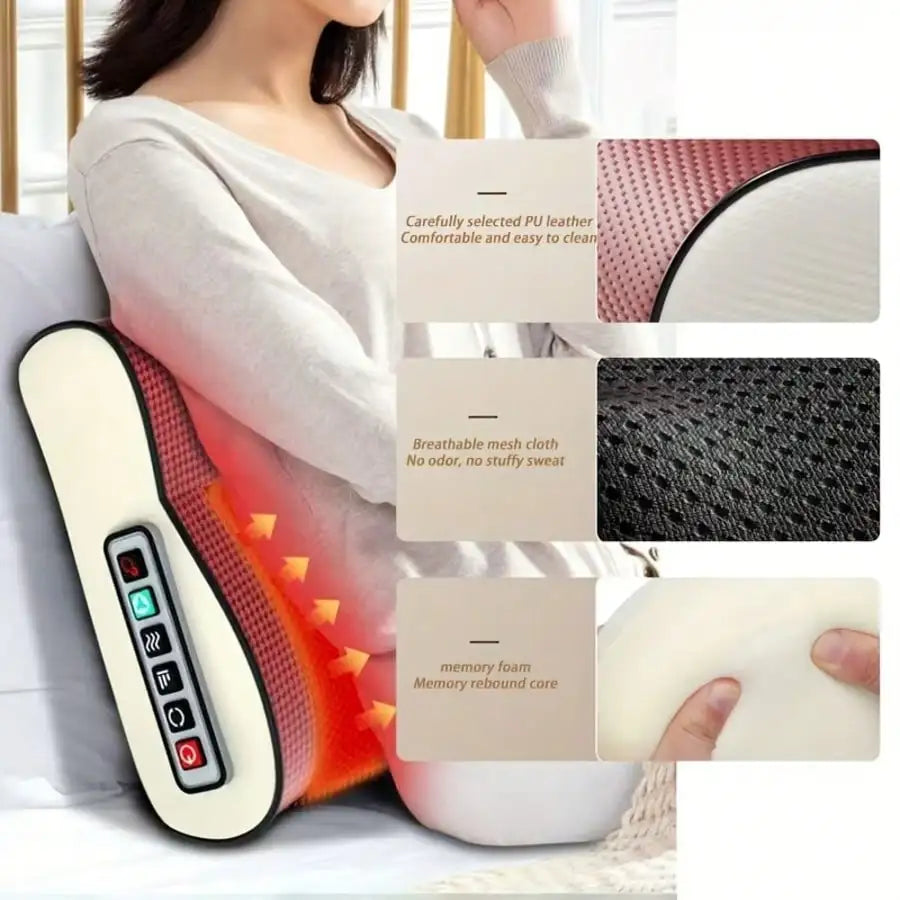 A Neck Massage Pillow with Heating Function, Equipped with Multiple Kneading Heads Specifically for the Neck, a Six-Button Control Panel, and Suitable for Various Body Parts Including the Neck, Shoulders, Waist, Back, and Leg Peaceful Pleasures Health and Wellness