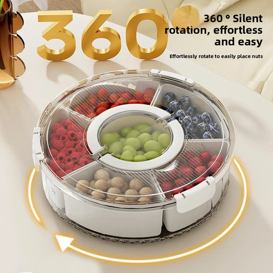 Rotating Divided Serving Tray with Lid & Handle – Large Snack Spinner & Multi-Purpose Food Platter