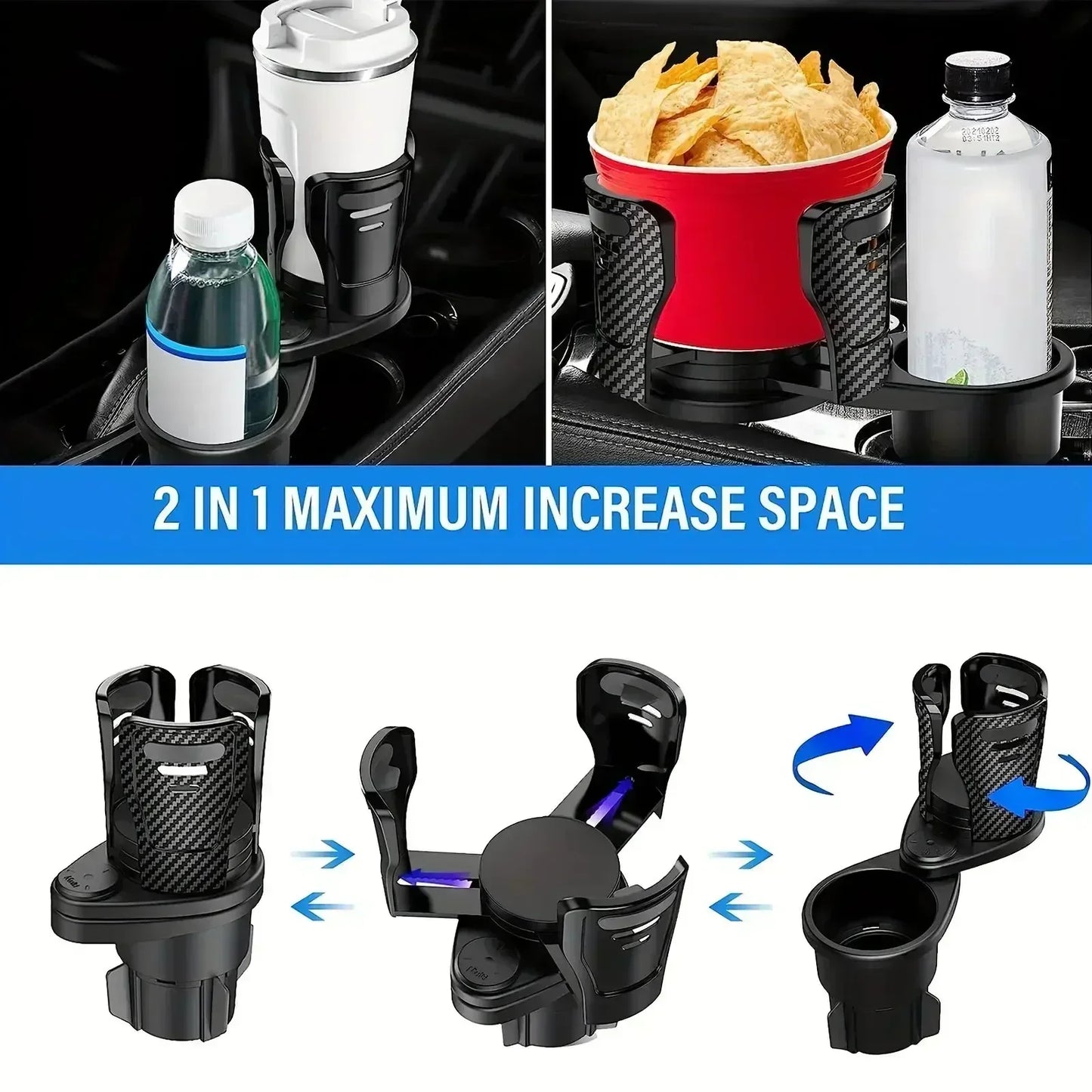 Dual Car Cup Holder Expander with Phone Mount – 360° Rotation