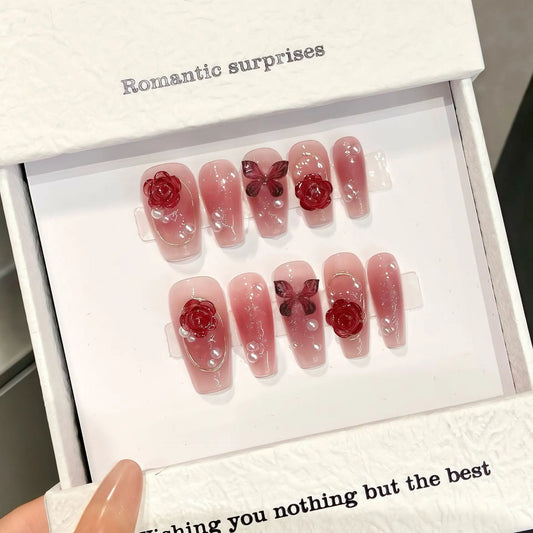 3D Butterfly Pearl Rose Press On Nails | Korean False Nails Press On Nails Peaceful Pleasures Health and Wellness
