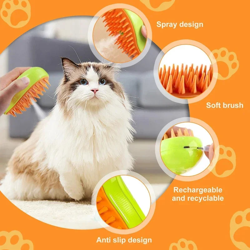 3-in-1 Electric Steam Pet Brush – Cat & Dog Grooming Comb