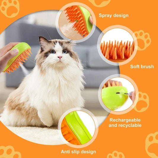 3-in-1 Electric Steam Pet Brush – Cat & Dog Grooming Comb Electric Pet Grooming Brush Oasis Select