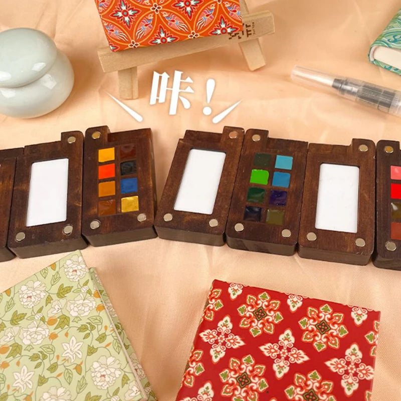 Wooden Box Watercolor Paint 8 Colors Walnut Mini Solid Dispenser Boxes