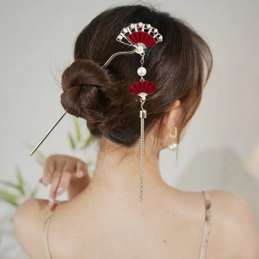 New Chinese Style Fan Shaped Hairpin with Oearls Tassel Vintage Bridal Hair Accessories Handmade Hanfu Hair Sticks for Women Peaceful Pleasures Health and Wellness