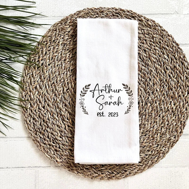 Personalised Couple Name & Date Cotton Tea Towel | Wedding Gift Personalised Tea Towel Peaceful Pleasures Health and Wellness