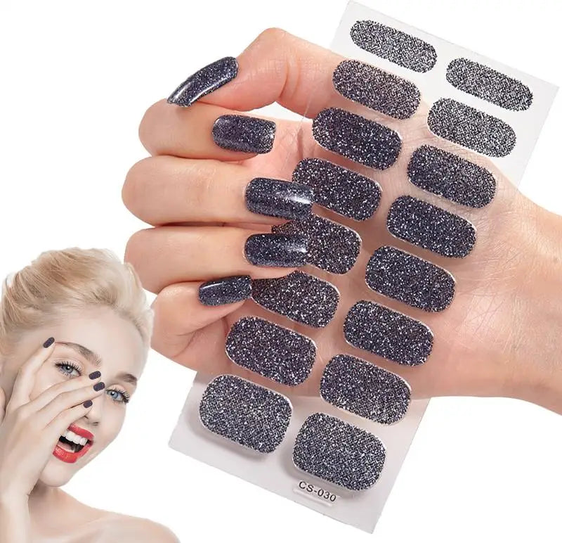 French Glitter Foil UV Gel Nail Wraps – 16-Tip Semi-Cured Strips
