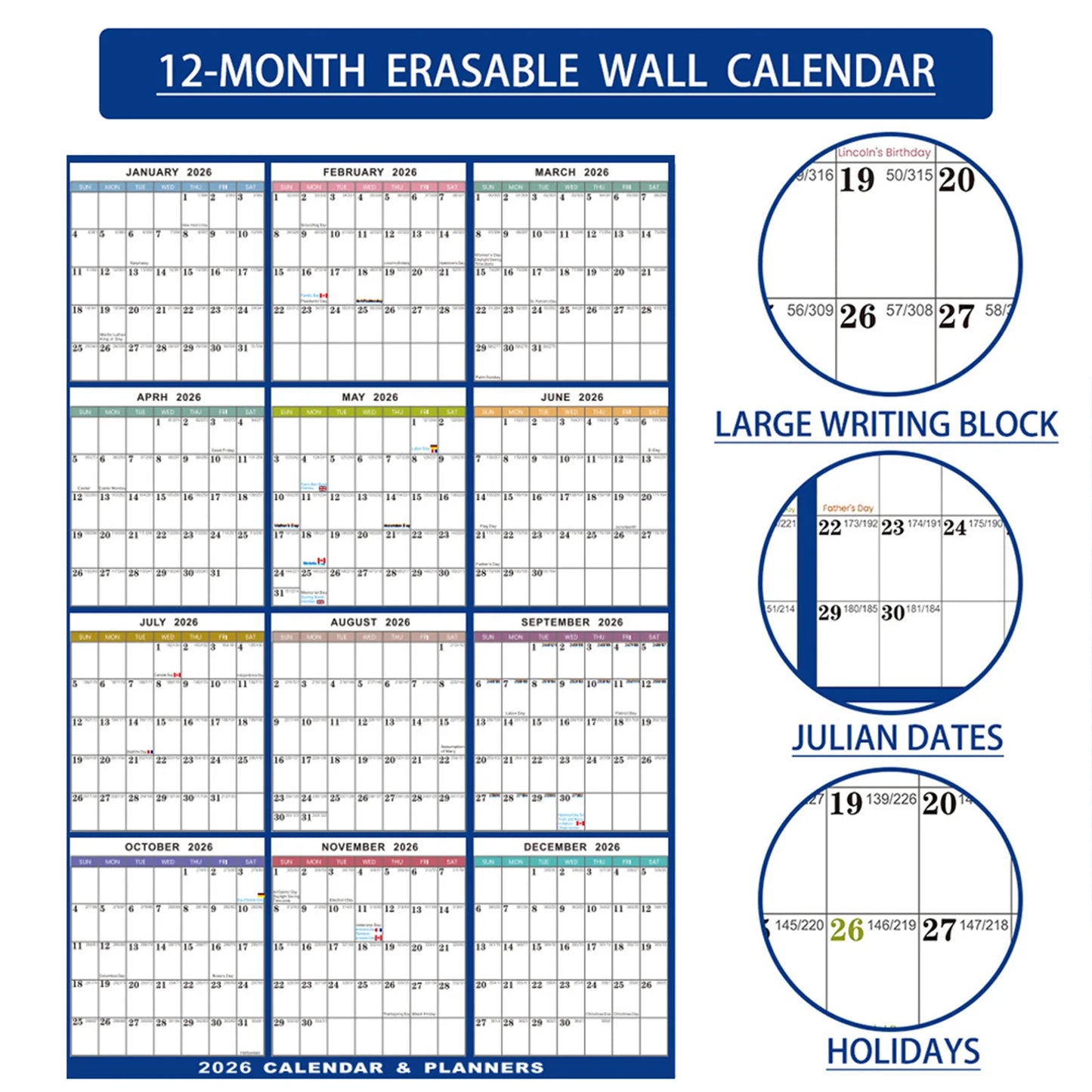 2026 English Double-Sided Laminated Wall Calendar with Erasable Surface Foldable Design for Home Office School Peaceful Pleasures Health and Wellness