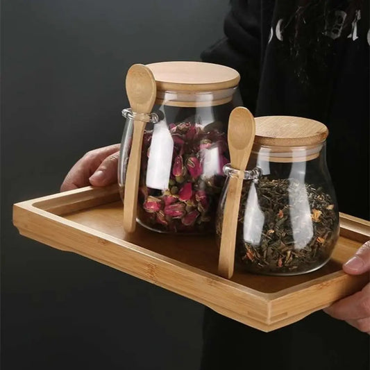 Airtight Glass Storage Jars with Bamboo Lid & Wooden Spoon Glass Kitchen Canister Oasis Select