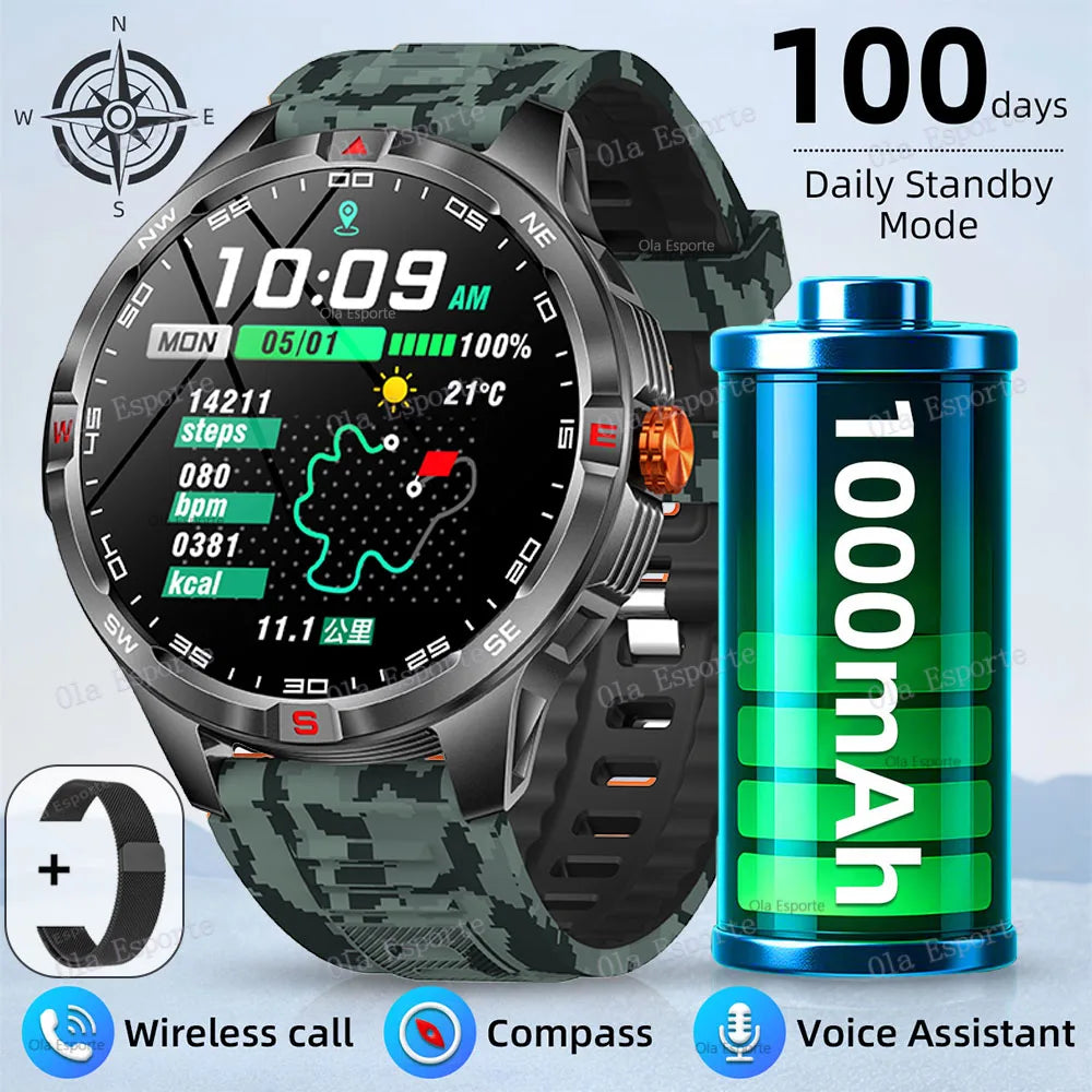 Military 1000mAh Battery Sports Smart Watch Adult Men Compass BT Call Heart Rate Health Monitoring IP68 Waterproof SmartWatches Peaceful Pleasures Health and Wellness MicaiBk22BkMilan