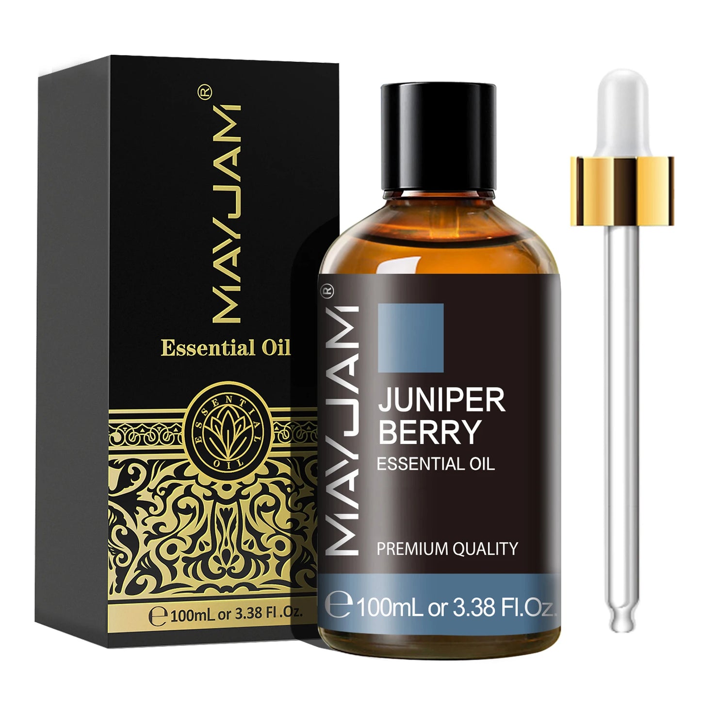 MayJam Juniper Berry essential oil bottle with packaging on a white background