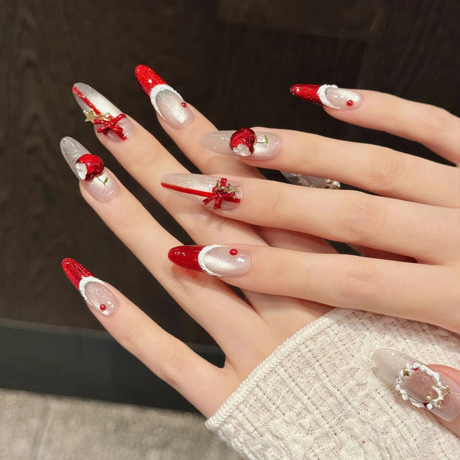 Christmas Press On Nails | Cat's Eye Red French Tip 3D Bows Press On Nails Peaceful Pleasures Health and Wellness