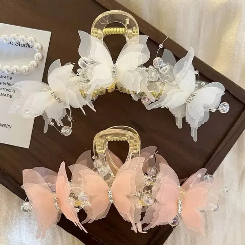 Light Blue/Pink Sheer Butterfly Claw Clip | Pearl Rhinestone Fairycore Hair Grabber | Elegant Romantic Hair Accessory Peaceful Pleasures Health and Wellness