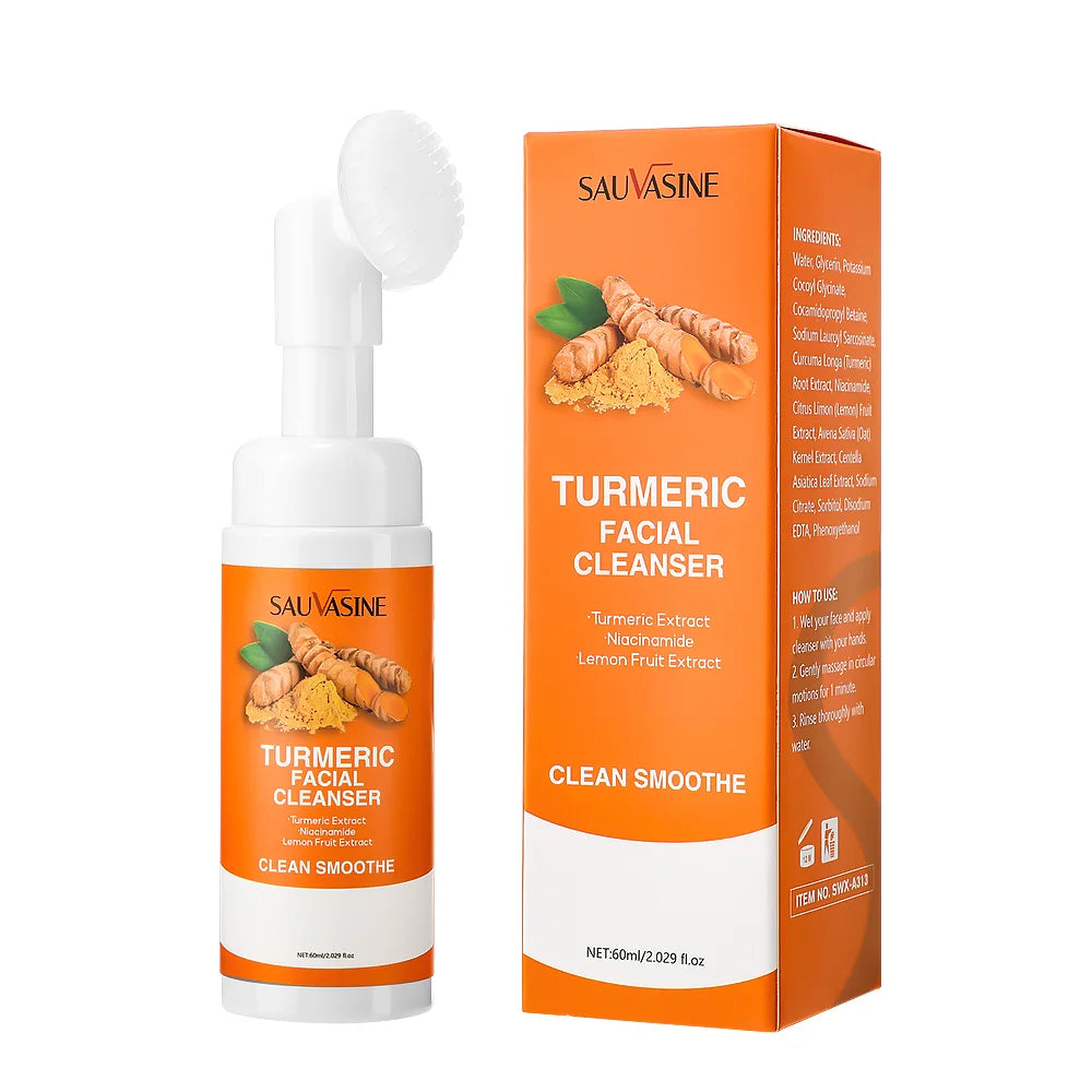 Turmeric Cleanser Moisturize Facial Brightening Skin Tone Daily Face Wash Foam with Brush Skin Care Clean Lemon Fruit Extract Peaceful Pleasures Health and Wellness Turmeric Cleanser 1 pcs