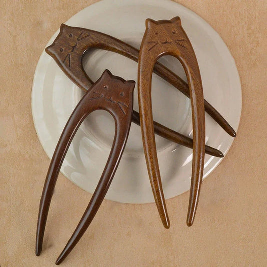 Chinese Cat Pattern Hair Sticks Wooden U Shaped Hair Forks for Women Girls Hanfu Hairpin Headwear Headpieces Hair Accessories Peaceful Pleasures Health and Wellness