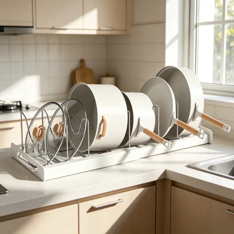 Expandable Pan Organizer Rack – 6 Adjustable Compartments