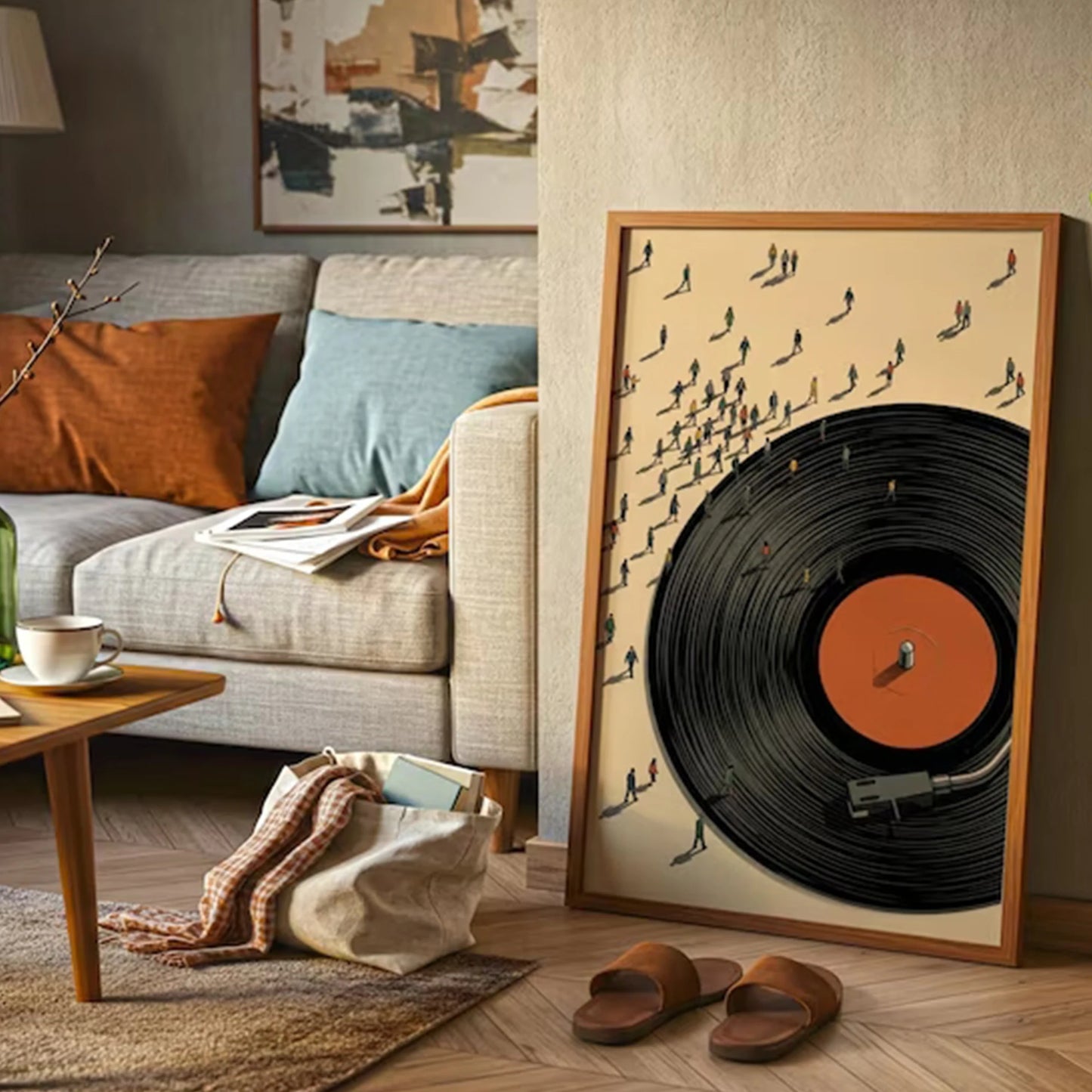 Retro Vinyl Record Miniature People Canvas Wall Art Print