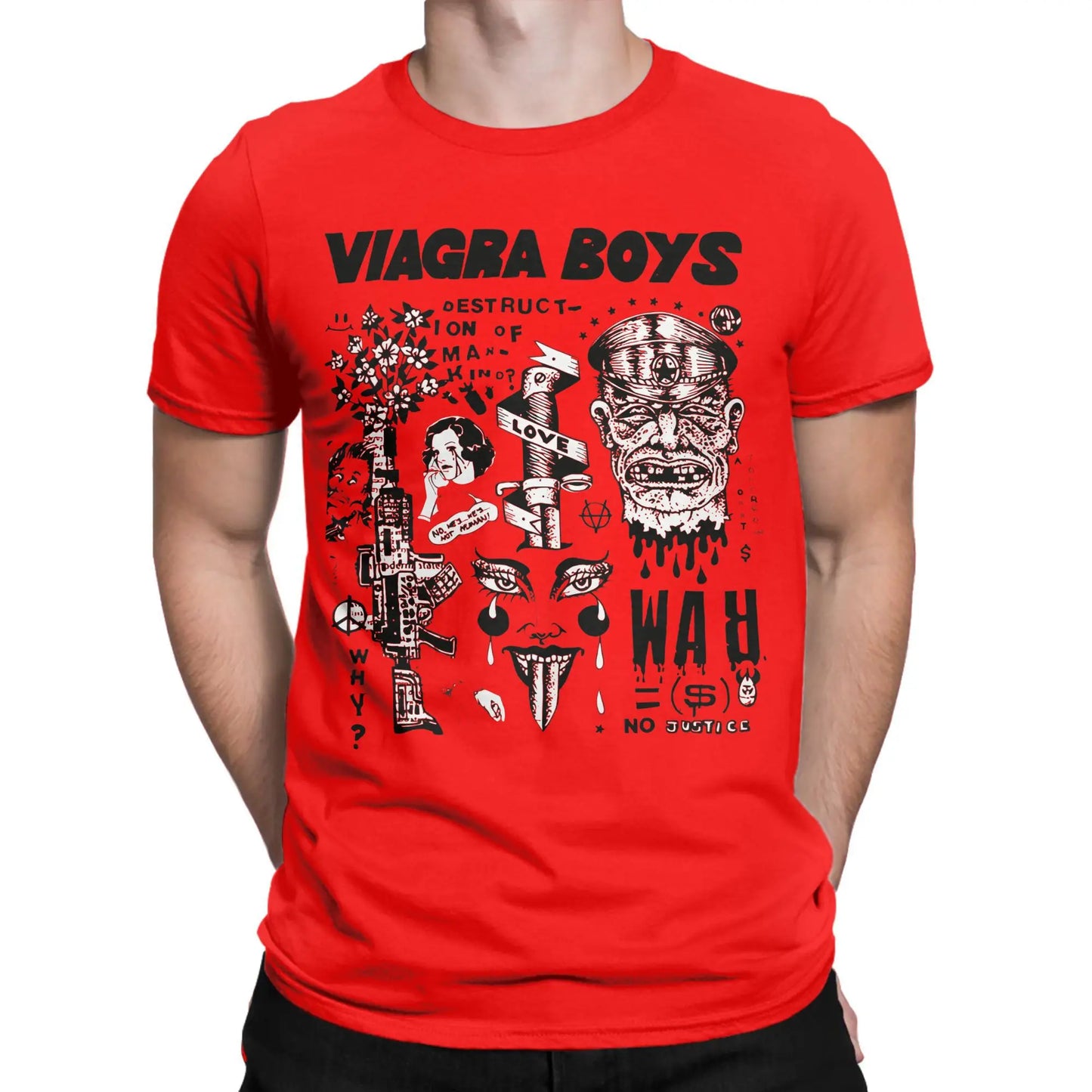Viagra Boys Band Vintage Cotton T-Shirt | Men's Graphic Tee Band Graphic T-Shirt Peaceful Pleasures Health and Wellness Red 6XL