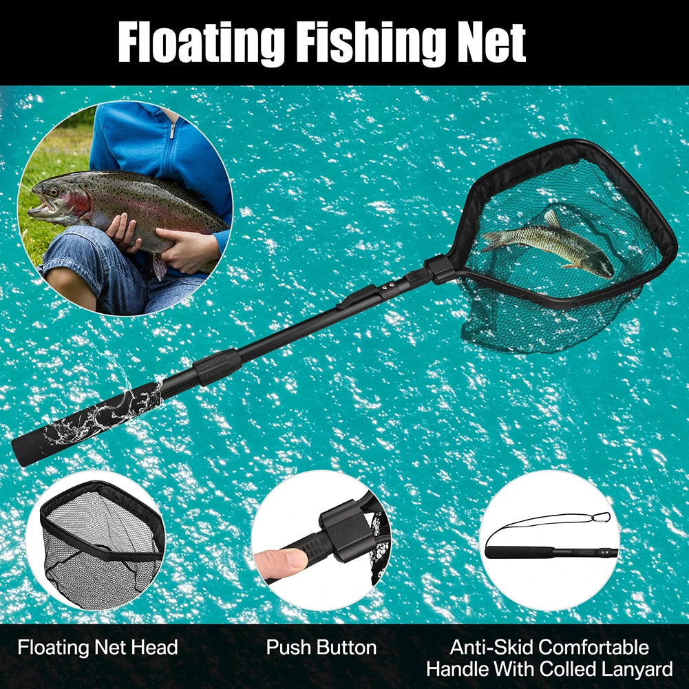 Folding Fishing Landing Net with Aluminum Telescoping Pole Handle Nylon Mesh Hoop 55cm 80cm 100cm Extend for Kids Adults Peaceful Pleasures Health and Wellness