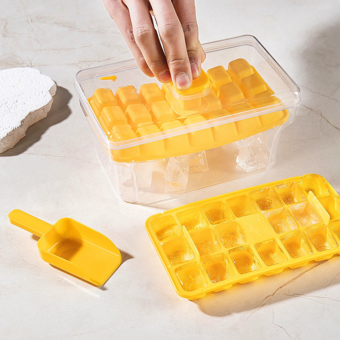 Ice Cube Trays with Lid & Bin – 68 Cubes, Easy Press Release Ice Cube Tray Set Peaceful Pleasures Health and Wellness