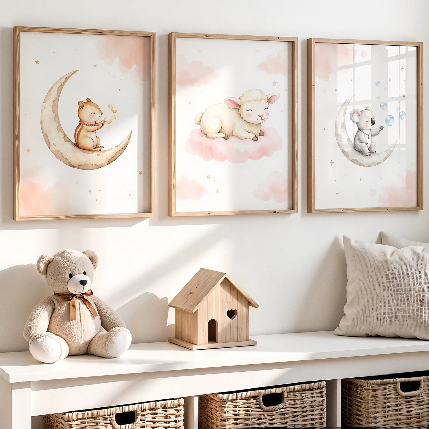 Cartoon Watercolor Dream Animals Canvas Wall Art | Kids Room