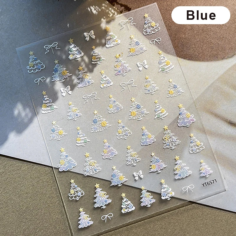 Christmas Tree Nail Stickers Embossed Self-Adhesive Nail Art Decals for Manicure Festive Charm Nail Ornaments for Party Peaceful Pleasures Health and Wellness Blue