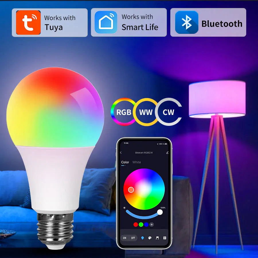 AC85-265V 15W E27 Bluetooth Smart Bulb Tuya Smart Life APP Control RGBCW Colorful Timing Function Dimmable Music Sync Home Decor Peaceful Pleasures Health and Wellness