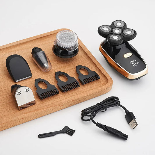 Baldhead 5-head rotating electric shaving kit IPX6 water-resistant portable men's facial hair trimmer USB charging Peaceful Pleasures Health and Wellness
