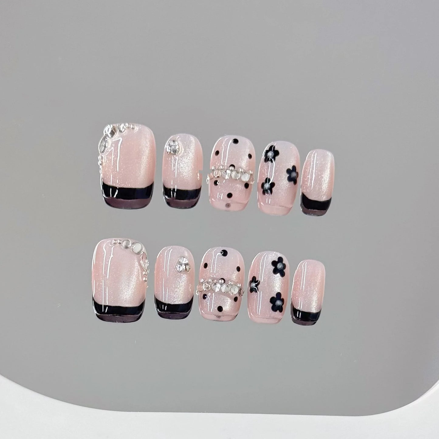 Handmade Pink French Floral Press On Nails | Short Round 10pcs Press On Nails Peaceful Pleasures Health and Wellness XS