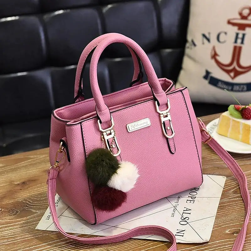 Women's PU Leather Tote Bag | Pom-Pom Crossbody Shoulder Handbag