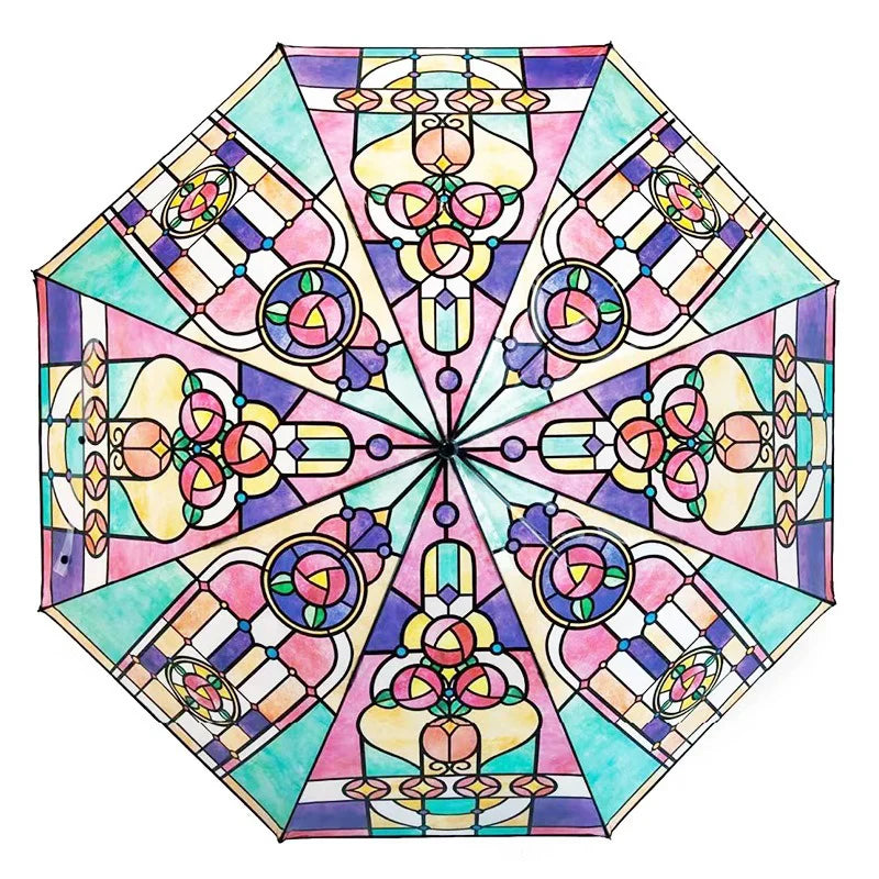 Stained Glass Transparent Folding Umbrella – Sun & Rain Use