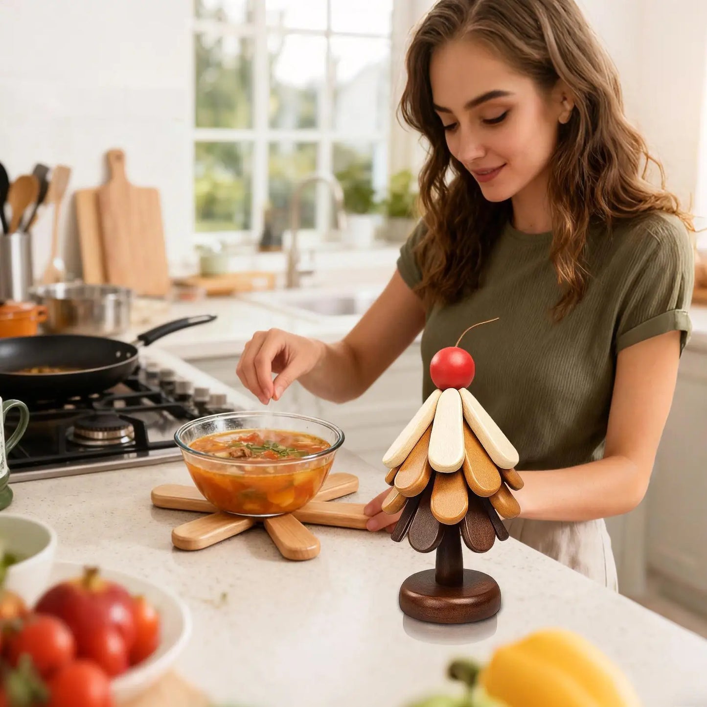 Wooden Tree Trivet Set | 4-Piece Foldable Non-Slip Hot Pot Holders Wooden Trivet Set Peaceful Pleasures Health and Wellness