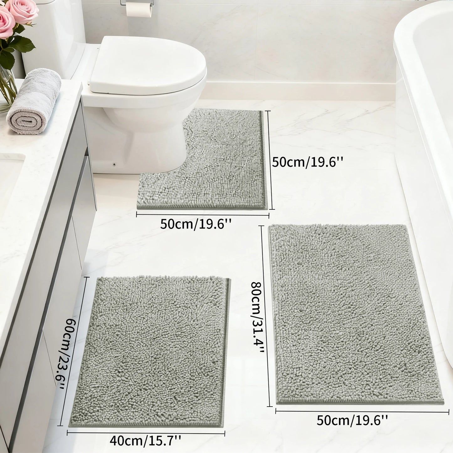 Set of 3 Bathroom Rugs 1.5/3CM Thick Chenille Bath Mat Striped Pattern Shaggy Bath Rugs for Bath Room Non Skid Floor Mats Peaceful Pleasures Health and Wellness Grey 3cm thickness