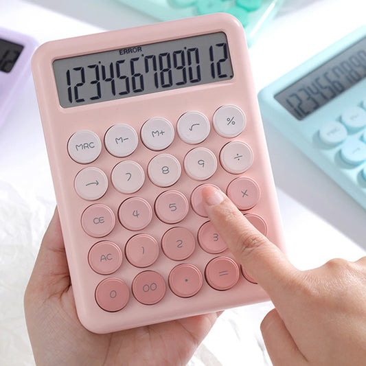 Mechanical Calculator Big Round Button Desktop Calculator 12 Digit Large LCD Display Versatile Calculator Cute Gradient Colored Peaceful Pleasures Health and Wellness