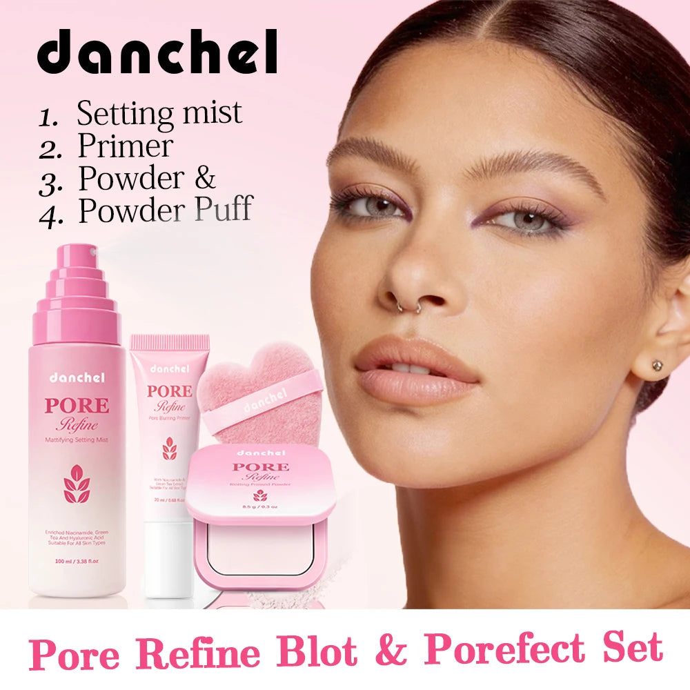 Pore Refine Blot & Porefect Set Pore-Blurring 12h Matte Oil Control Primer, Setting Spray, Touch-up, Powder Puff 4PCS Makeup Kit Peaceful Pleasures Health and Wellness