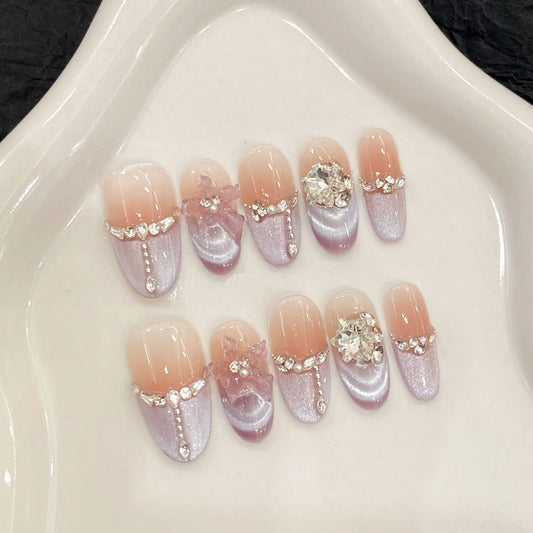 10pcs Handmade Press On Nails – Pink Flower & Cat Eye Design Press On Nails Peaceful Pleasures Health and Wellness S