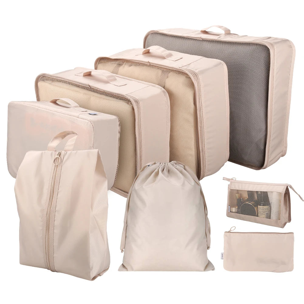 8Pcs/Set Travel Organizer Storage Bags Suitcase Packing Cubes Set Cases Portable Luggage Clothes Shoe Tidy Pouch Folding Bags Peaceful Pleasures Health and Wellness 8Pcs Beige