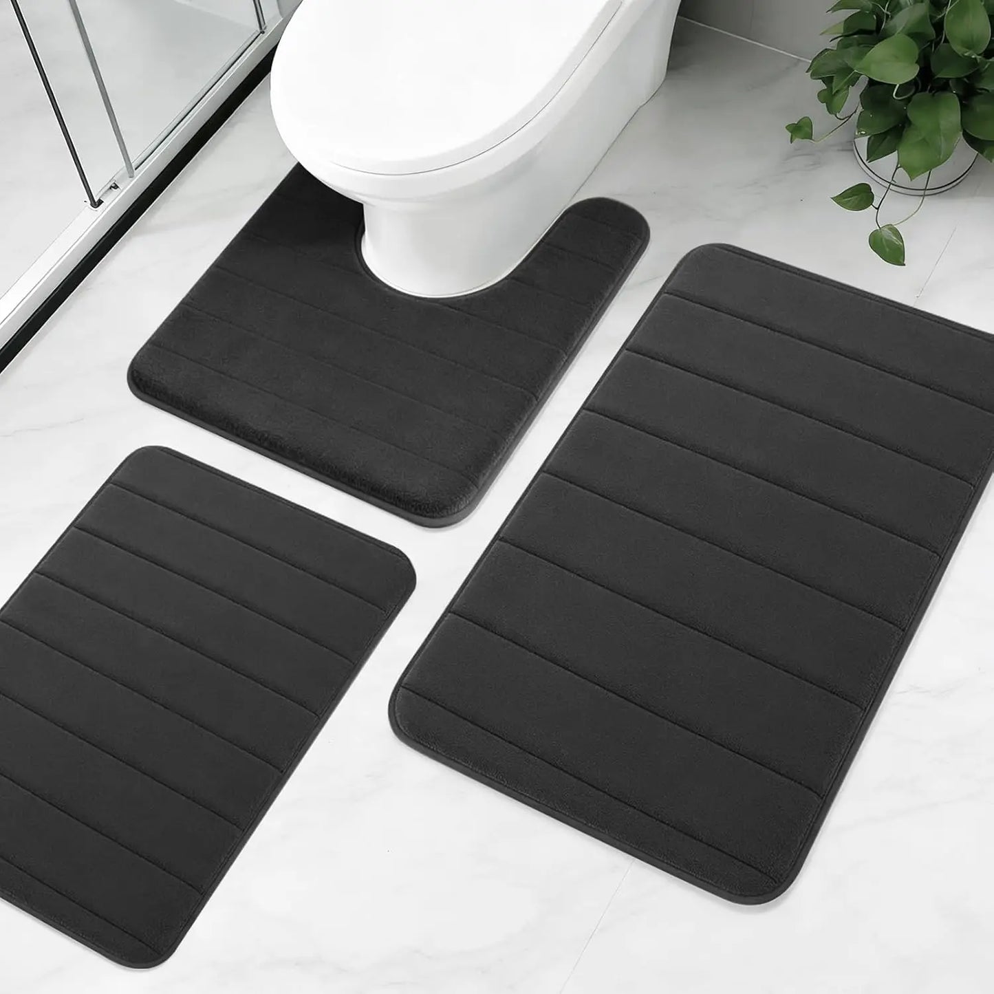 3Piece Non-Slip Bath Mat Set Memory Foam Bathroom Rugs Water Absorbent Shower Mat Machine Washable Toilet Mat for Bathroom Floor Peaceful Pleasures Health and Wellness Black