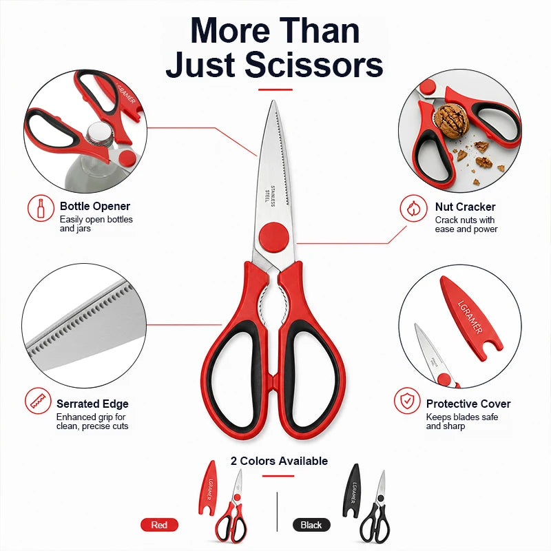 Red Stainless Steel Kitchen Scissors | Serrated Shears & Opener