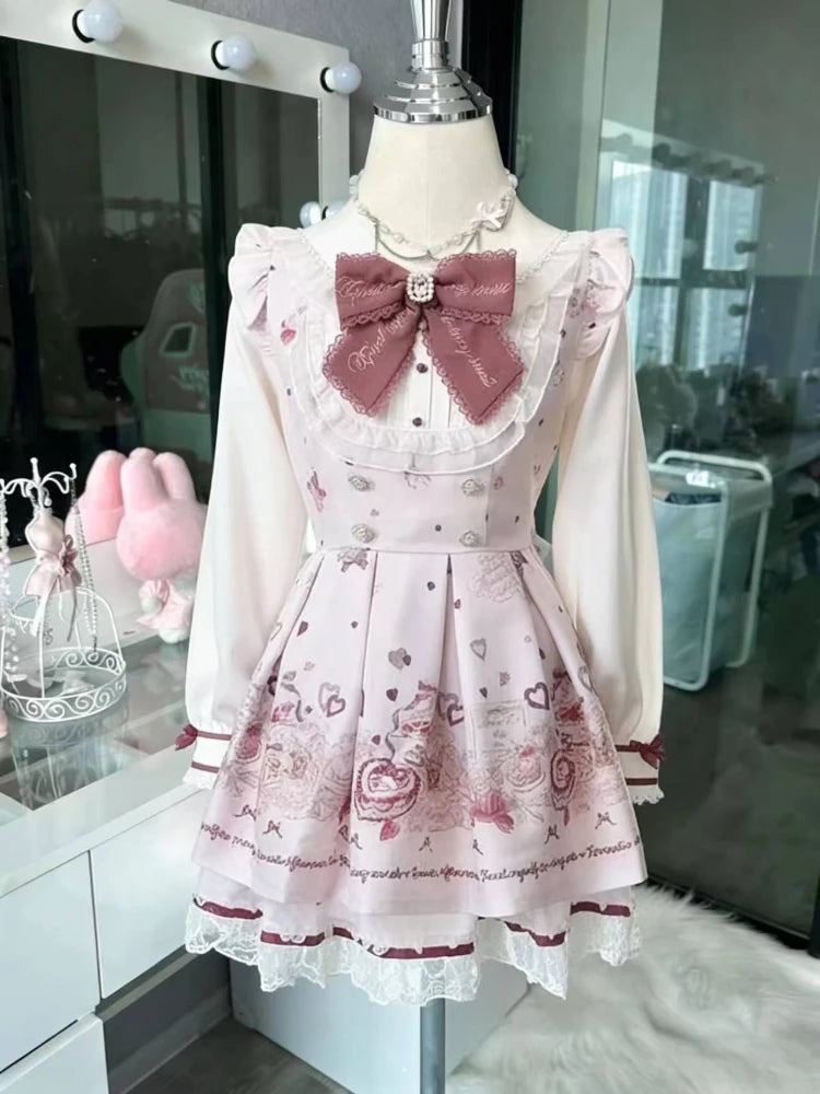 French Style Sweet Cute Polka Dot Splicing Dress Lace Bow Korean Fashion Dresses New Design Slim Waist Lady Y2k Mini Dress Peaceful Pleasures Health and Wellness 3708 pink set XS
