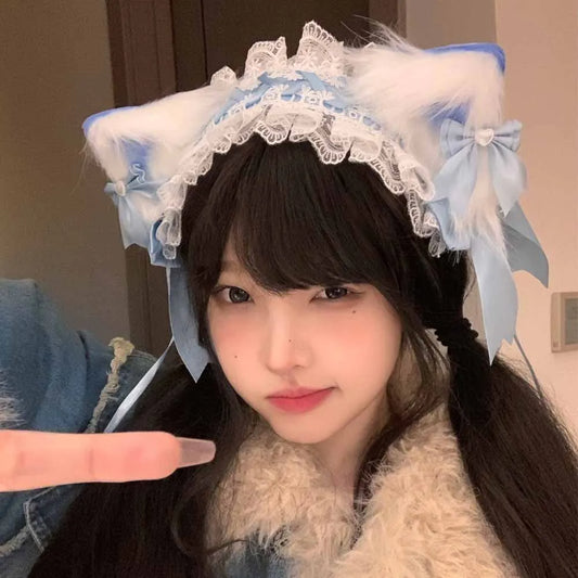 Fashionable Cute and Versatile Sweet Lolita Cat Ear Headband Bow Hair Clip KC Headband Animal Ear Headband Lolita Ear Hair Clip Peaceful Pleasures Health and Wellness blue