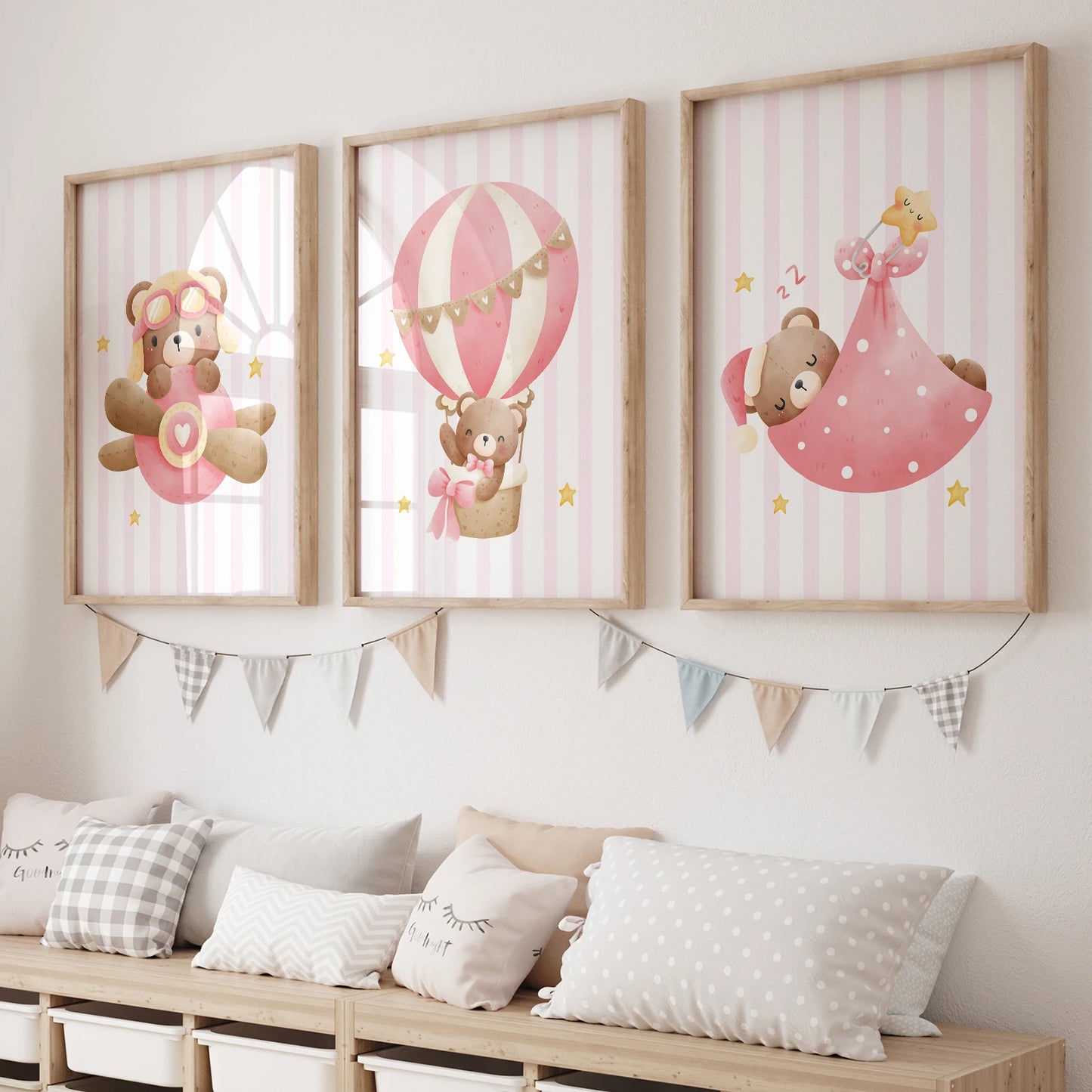 3-Piece Pink Teddy Bear Hot Air Balloon Kids Canvas Wall Art