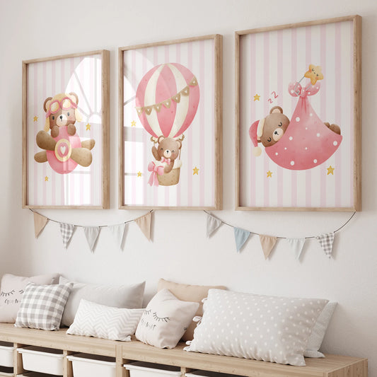 3-Piece Pink Teddy Bear Hot Air Balloon Kids Canvas Wall Art Canvas Wall Art Peaceful Pleasures Health and Wellness PW033-3pcs 50x70cm No Frame
