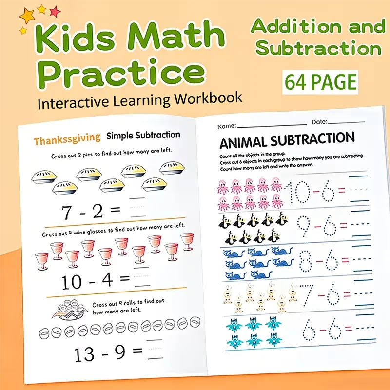 64 Pages Addition Subtraction Math Workbook Kids Interactive Learning