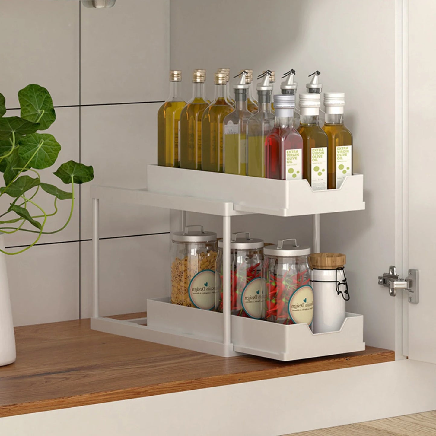 Double-Layer Pull-Out Under-Sink Organizer Rack with 5 Hooks