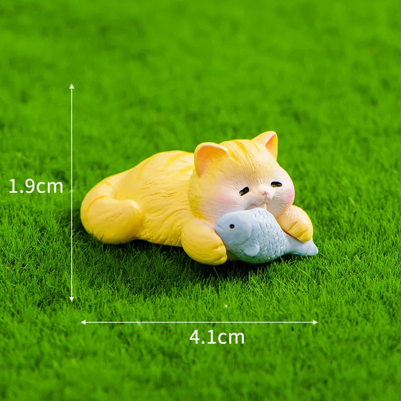 Miniatures Figurines Cute Cat Kawaii Animal Micro Landscape Ornaments for Home Room Desk Fairy Decoration Gardening Accessories Peaceful Pleasures Health and Wellness Holding fish